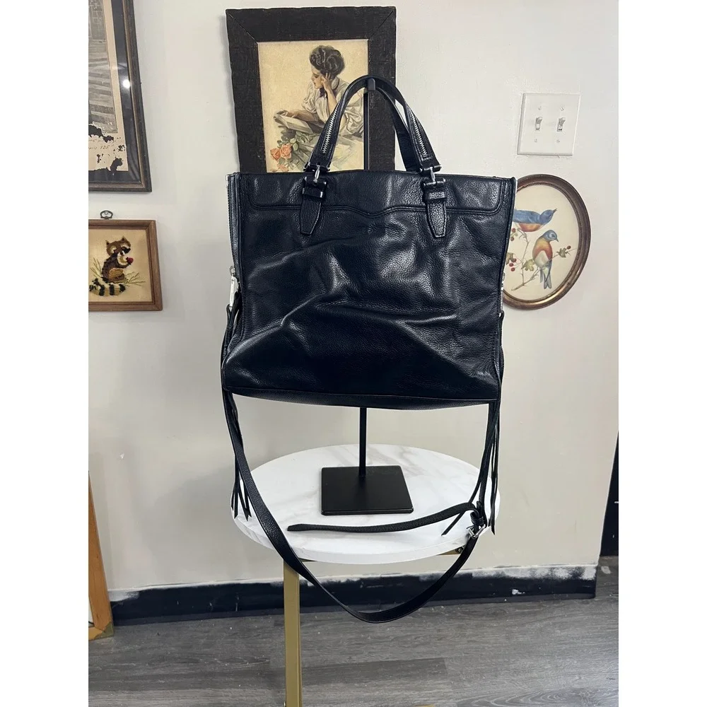 Rebecca Minkoff Black Textured Leather Tote Crossbody Bag with Fringe 91G
